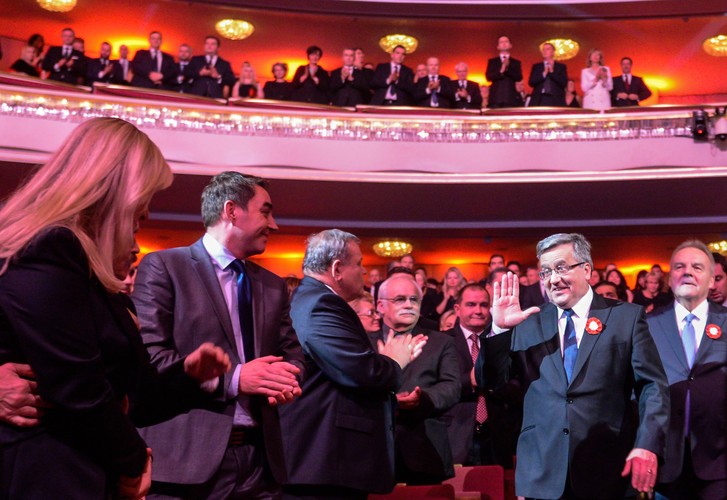 Prezydent Bronisław Komorowski oraz prezydent organizacji Pracodawcy Rzeczypospolitej Polskiej Andrzej Malinowski podczas uroczystości