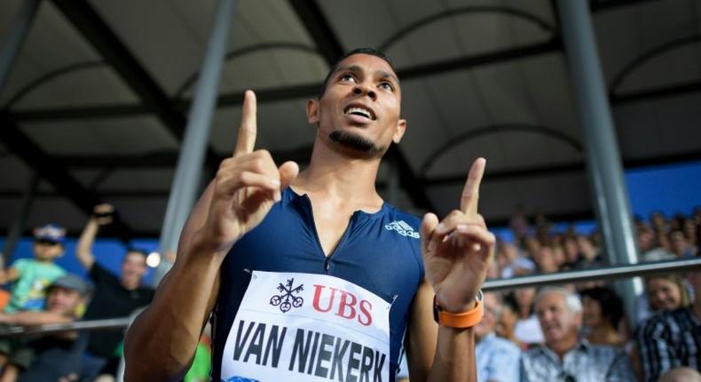 South Africa's Wayde Van Niekerk celebrates winning the mens' 400m event during the Diamond League athletics meeting Athletissima in Lausanne on July 6, 2017