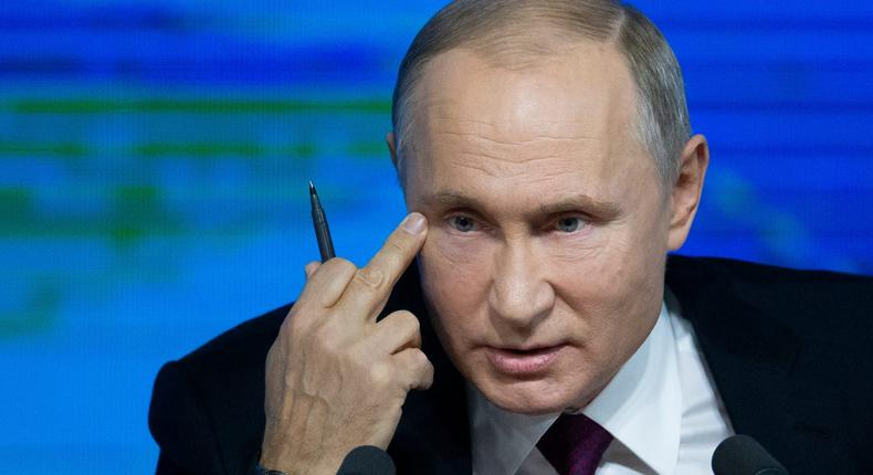 Russian President Vladimir Putin gestures during his annual news conference in Moscow, Russia, on December 20, 2018.