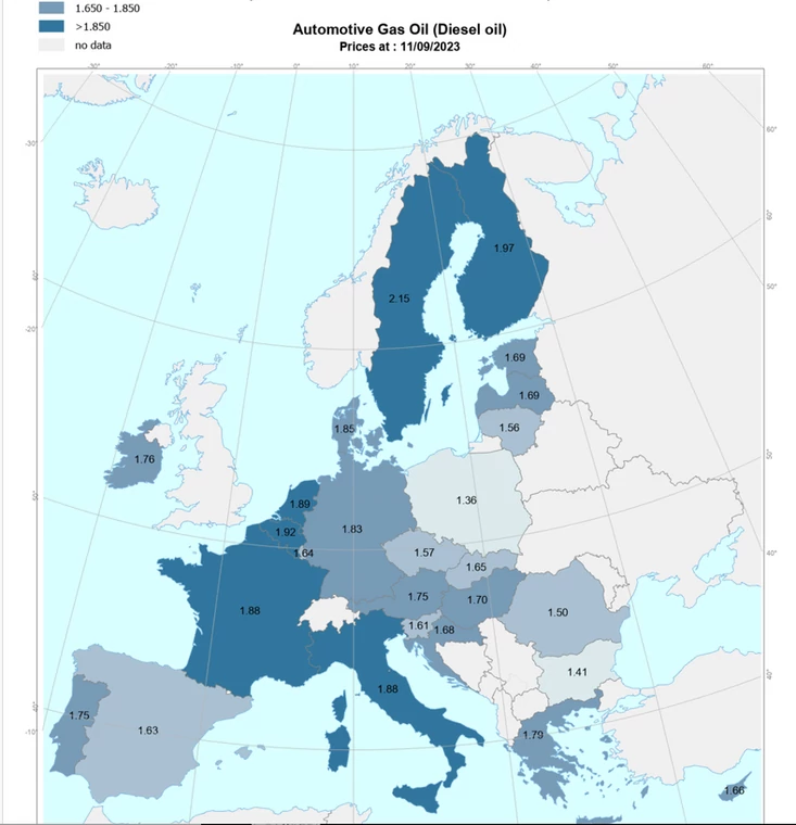 Ceny oleju napędowego na stacjach paliw w krajach UE, stan na 11 września 2023, ceny w Euro