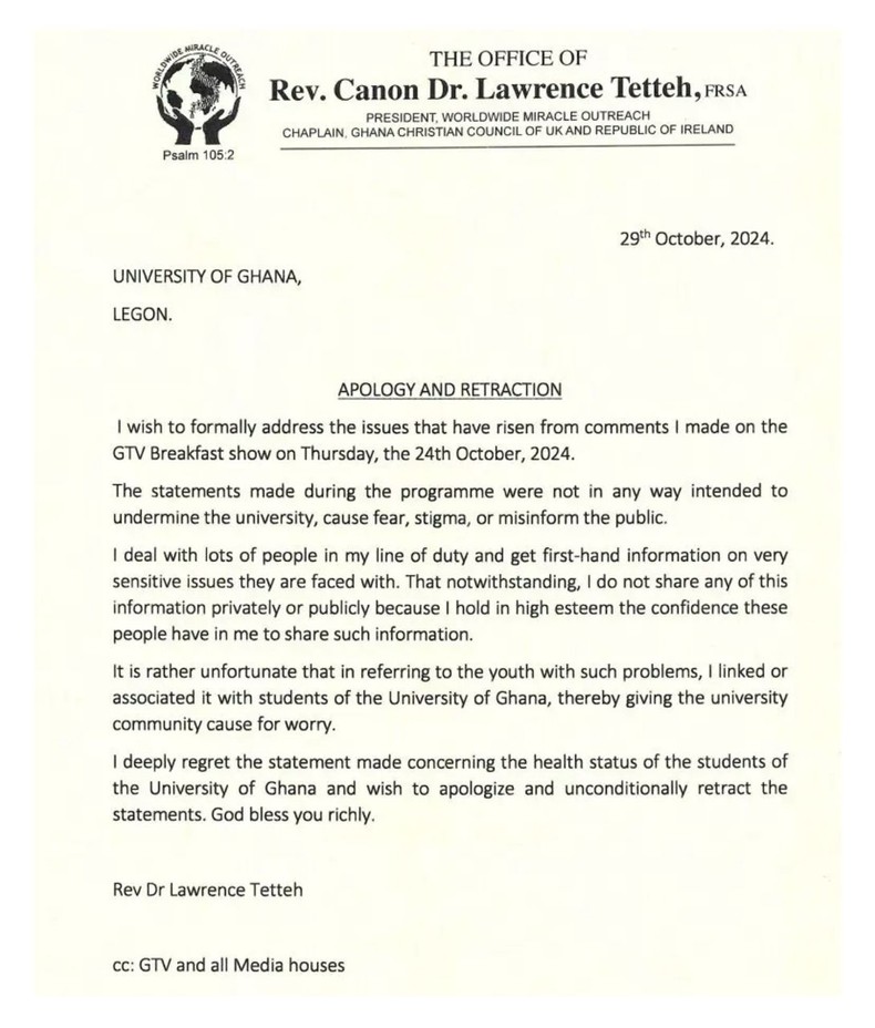 Rev. Lawrence Tetteh issues apology to UG for HIV-related comments