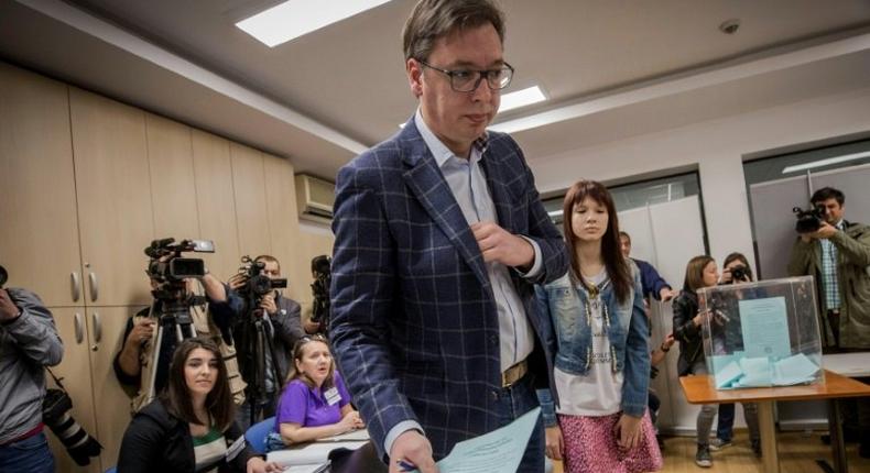 Aleksandar Vucic casting his vote on Sunday in the first round of Serbia's presidential election