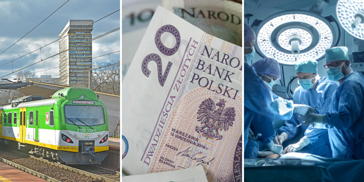 Kto i ile zarabia w naszym kraju? Od lewej: pociągi na warszawskiej stacji kolejowej, polskie banknoty o różnych nominałach, sala operacyjna.