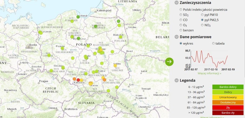 Stężenie pyłu PM2,5 - 2017-02-19 od godziny 8.00 do 9.00