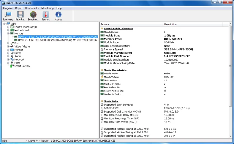 W aplikacji HWiNFO możemy nie tylko sprawdzić liczbę wykorzystanych dodułów SO-DIMM, ale również odczytać ich podstawowe parametry