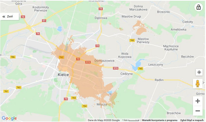 Mapa zasięgu 5G w Orange - Kielce