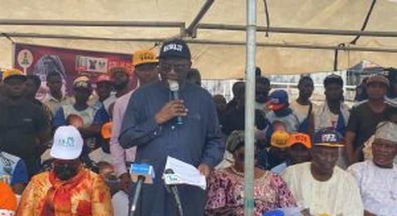 Hon. Seye Oladejo addressing the party faithful during his official declaration for Mushin Constituency II seat in the House of Representatives in 2023 elections.