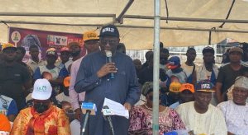 Hon. Seye Oladejo addressing the party faithful during his official declaration for Mushin Constituency II seat in the House of Representatives in 2023 elections.