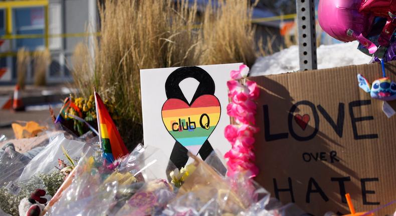 Bouquets of flowers sit on a corner near the site of a mass shooting at an LGBTQ bar in Colorado Springs, Colorado.David Zalubowski/AP