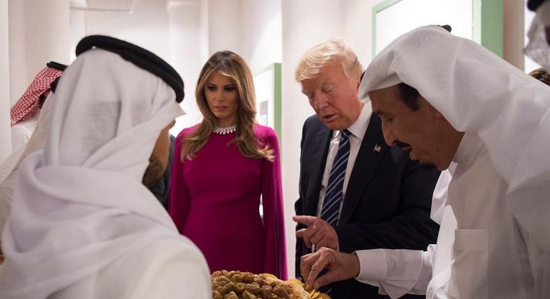 President Donald Trump and first lady Melania Trump are welcomed by Saudi Arabia's King Salman bin Abdulaziz Al Saud at Al Murabba Palace in Riyadh.