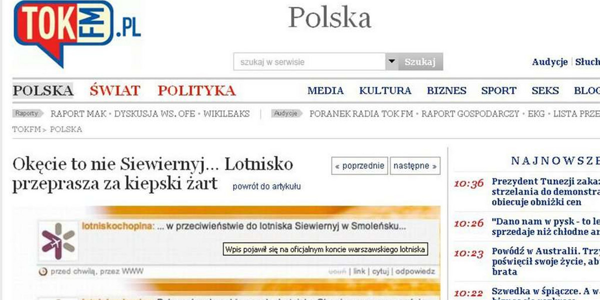 Kiepski żart o Smoleńsku. Lotnisko Chopina zaliczyło wpadkę