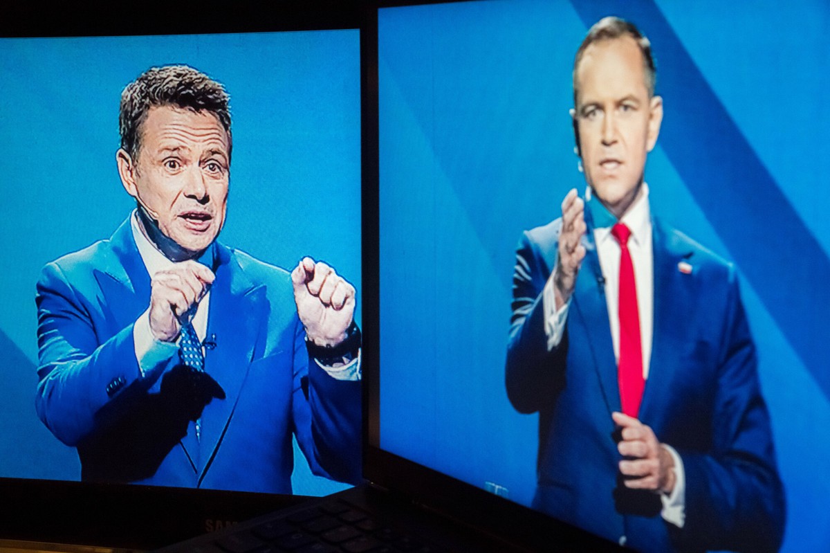 Rafał Trzaskowski i Karol Nawrocki podczas debaty prezydenckiej