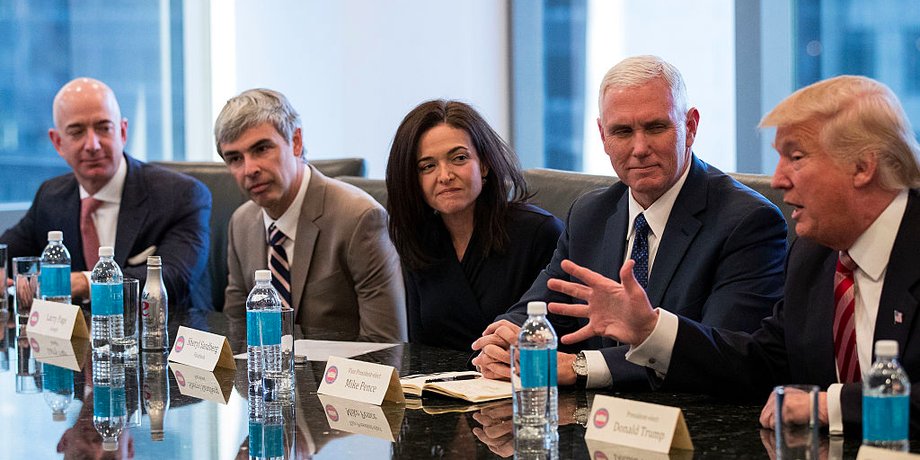 Jeff Bezos of Amazon, Larry Page of Alphabet, and Sheryl Sandberg of Facebook with Mike Pence and Donald Trump during a meeting of technology executives at Trump Tower on December 14 in New York City.