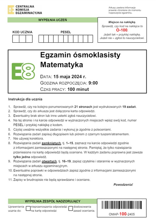 Egzamin ósmoklasisty 2024. Matematyka [ARKUSZE CKE i ODPOWIEDZI]