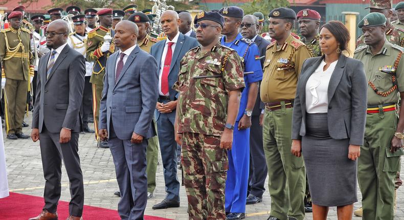 Interior CS Kindiki Kithure, PSs Dr Raymond Omollo, Mary Muthoni, IG Japheth Koome and Commissioner General Prisons Brig Rtd John Warioba during the 4th Memorial Ceremony for officers who died on duty