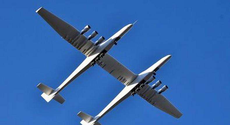 The world’s largest airplane, built by the late Paul Allen’s company Stratolaunch Systems, makes its first test flight in Mojave. April 13 (Reuters/Gene Blevins)