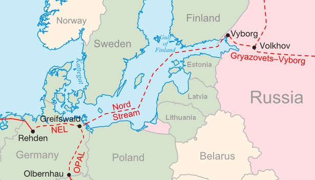 Schemat przebiegu gazociągu Nord Stream. Grafika: Samuel Bailey (sam.bailus@gmail.com) - Praca własna, CC BY 3.0