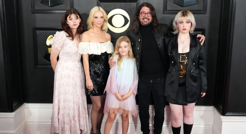 Harper Grohl, Jordyn Blum, Ophelia Grohl, Dave Grohl, and Violet Grohl at the 2023 Grammys.Jeff Kravitz/FilmMagic