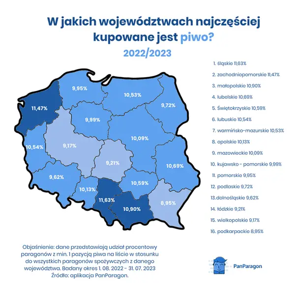 Mapa województw, w których najczęściej kupuje się piwo