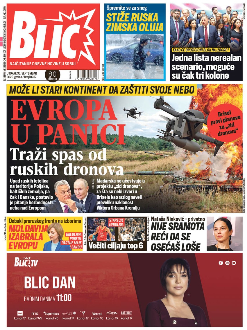 Blic naslovna strana za 30.9.
