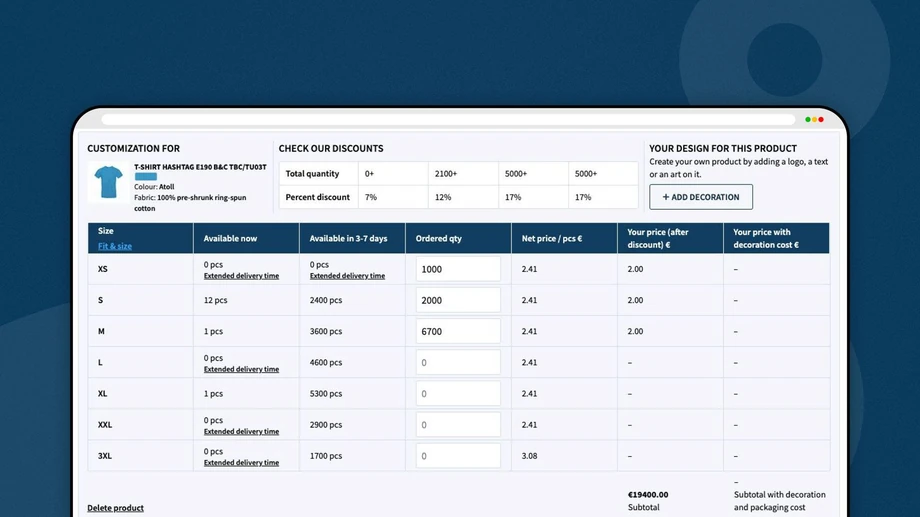 Przykład formularza zamówień w sklepie internetowym Lynka dla klienta B2B. Formularz automatycznie wylicza cenę dla wielu produktów