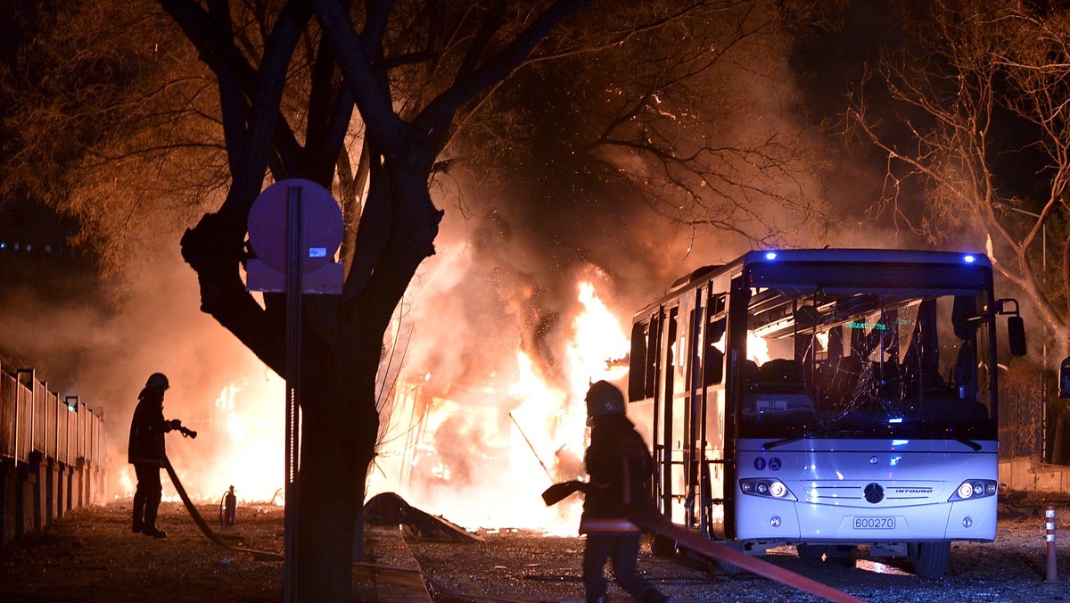 Firefighters prepare to extinguish fire after an explosion in Ankara