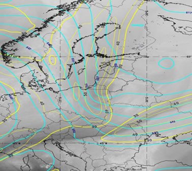 Zatoka niżowa widoczna na powierzchni izobarycznej 500 hPa (około 5,5 km) oraz prąd strumieniowy na wysokości około 9 km (linie żółte); 15 UTC 26.03.2019