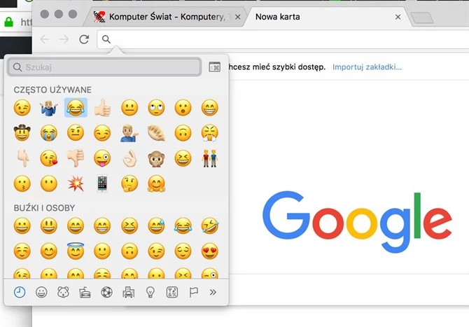 Panel emoji w Google Chrome