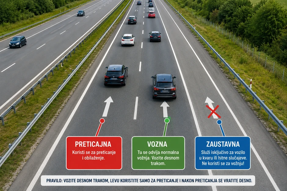 Na autoputu se za vožnju koristi srednja, odnosno, vozna traka