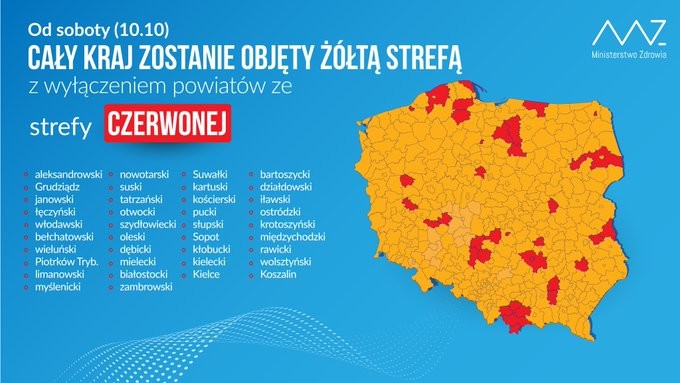 Strefa czerwona - mapa powiatów