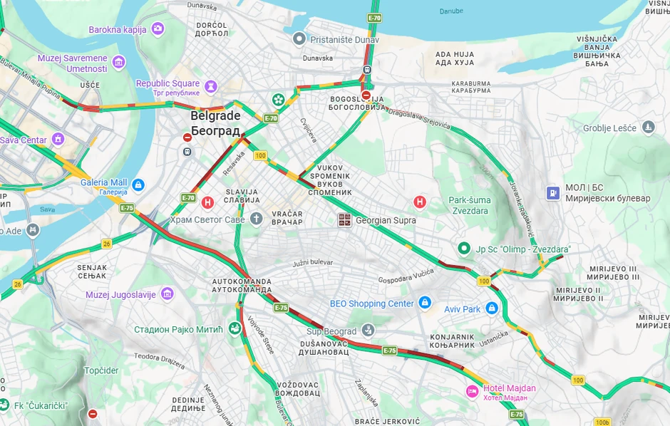 Mapa gužvi u Beogradu