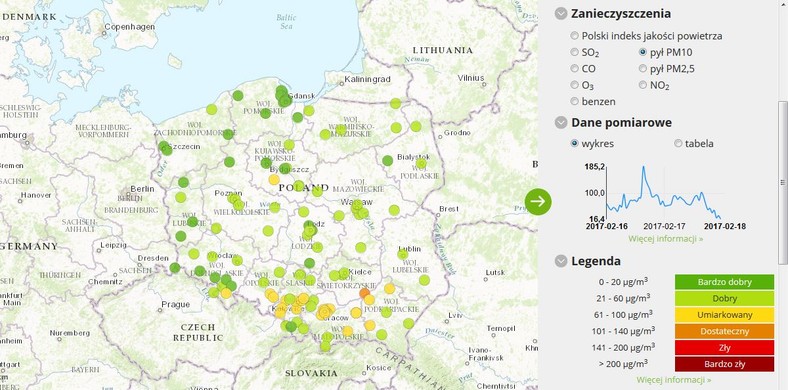 Stężenie pyłu PM10 - 2017-02-18 - od godziny 7.00 do 8.00