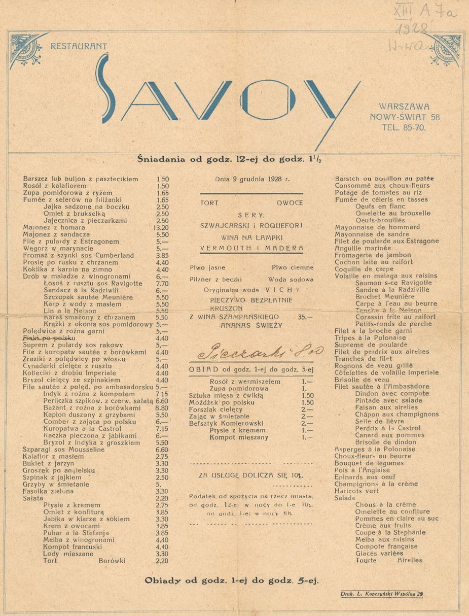 Meny Hotelu Savoy