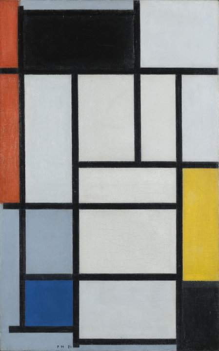 Piet Mondrian, "Kompozycja w czerwieni, czerni, żółci, niebieskim i szarym" (1921)