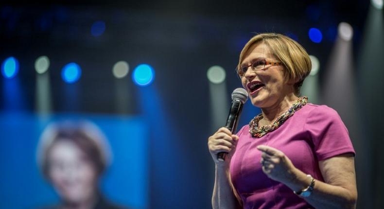 Leader of South Africa's largest opposition party Democratic Alliance (DA) Helen Zille addresses a campaign rally in Johannesburg on May 3, 2014