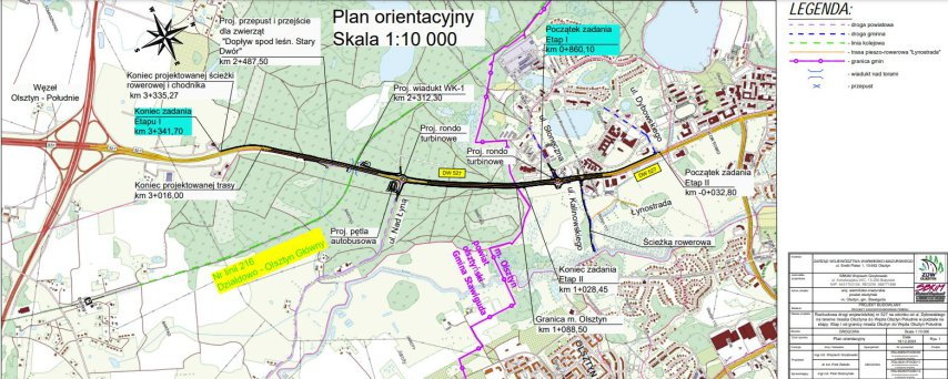 Planowana trasa budowy wylotówki z Olsztyna (źródło: ZDW)