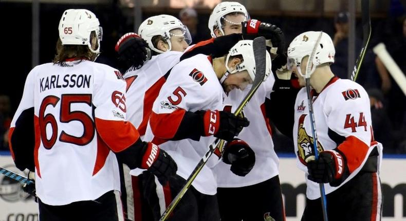 The Ottawa Senators players celebrate Jean-Gabriel Pageau scoring a goal in Game Six of the NHL Eastern Conference 2nd round against the New York Rangers, at Madison Square Garden in New York, on May 9, 2017