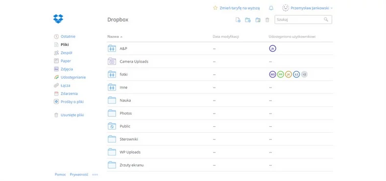 Interfejs Dropboxa w wersji przeglądarkowej jest niezwykle schludny