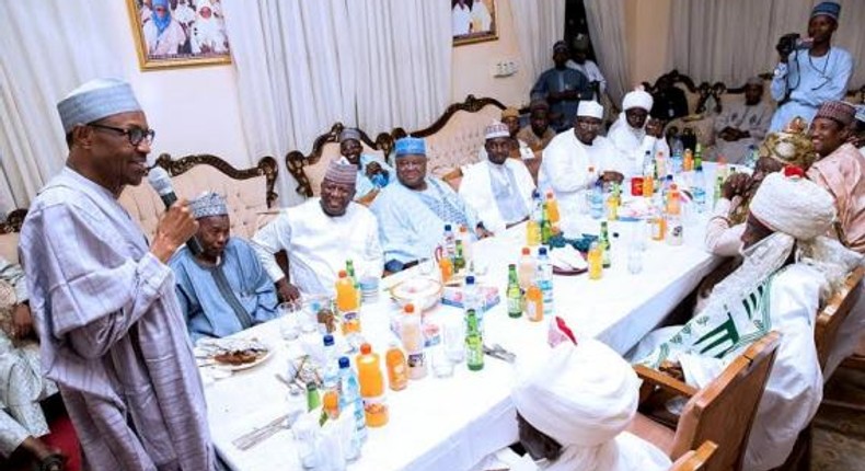 President Muhammadu Buhari at the breaking of the Ramadan fast at the palace of the Emir of Daura, Katsina State, Dr. Farouk Umar Farouk on Sunday, July 3, 2016.