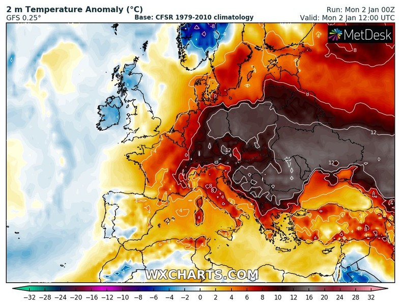 Odchylenie temperatury od normy w poniedziałek w Europie.