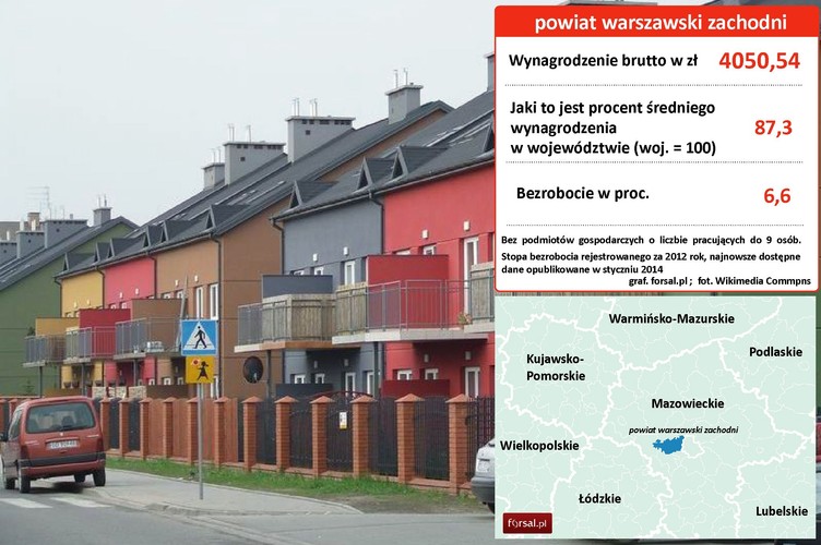 18. Powiat warszawski zachodni Powiat stanowi część aglomeracji warszawskiej. W powiecie położone są m. in. gminy Łomianki, Izabelin i Ożarów Mazowiecki, których mieszkańcy często pracują w stolicy, ale płacą podatki w swoim powiecie. Na zdjęciu: Osiedle Tęcza w Łomiankach