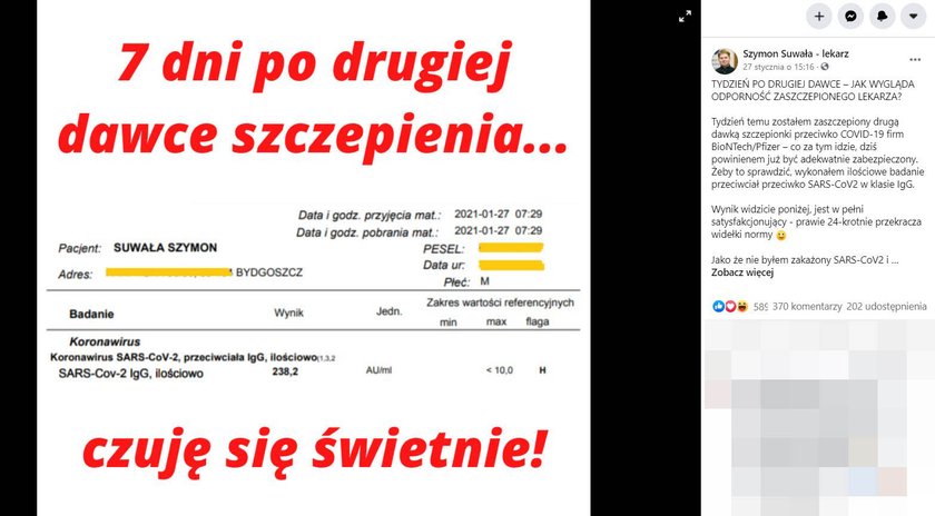 Lekarz przyjął dwie dawki szczepionki. Później opublikował wyniki badań