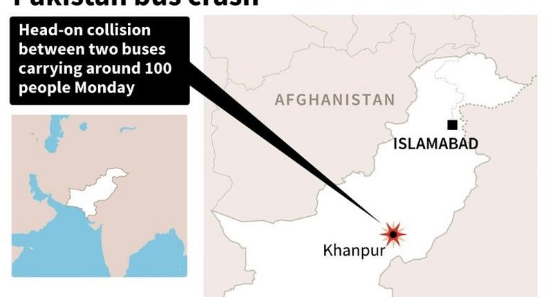 Map locating Khanpur in Pakistan where at least 27 people were killed in a head-on collision between two buses on October 17, 2016