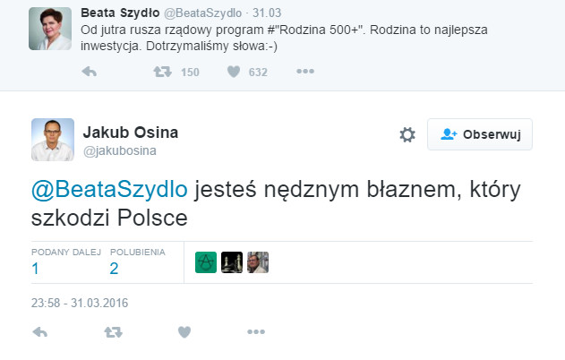 Jakub Osina do premier Szydło