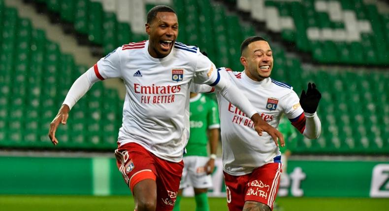 Marcelo (L) scored his first two goals of the season to see Lyon to derby victory at Saint-Etienne