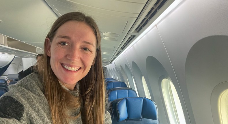 The author in a seat toward the back of a Boeing Dreamliner plane.Monica Humphries/Insider