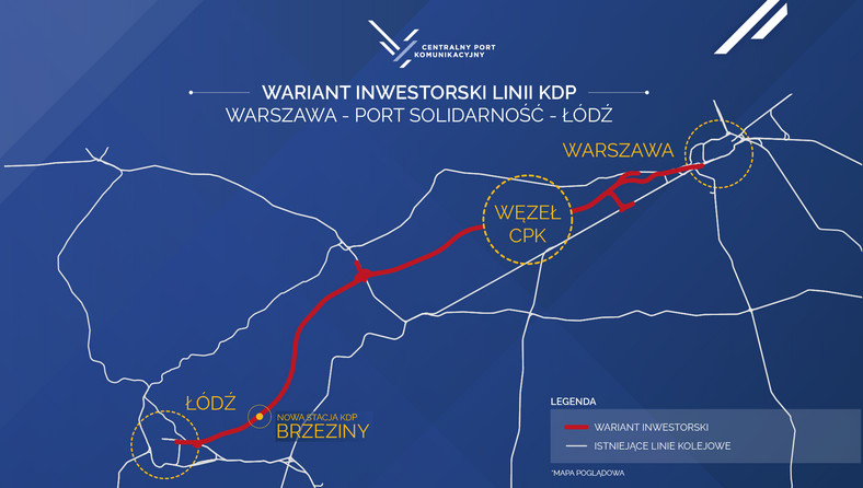 Tzw. wariant inwestorski planowanej linii kolejowej Warszawa-CPK-Łódź — fot. materiały spółki CPK