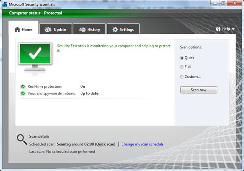 Microsoft Security Essentials 2.0 beta - ekran główny
