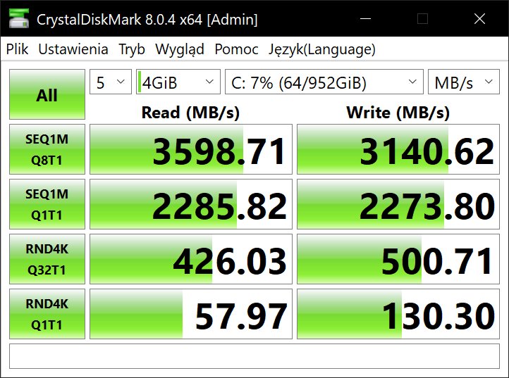 Asus Vivobook Pro 14X OLED (M7400QE) – CrystalDiskMark 8 – szybkość nośnika SSD