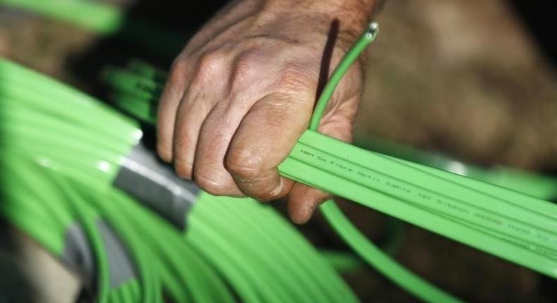 A NBN Co worker arranges fibre-optic cables used in the National Broadband Network in west Sydney July 11, 2013. REUTERS/Daniel Munoz